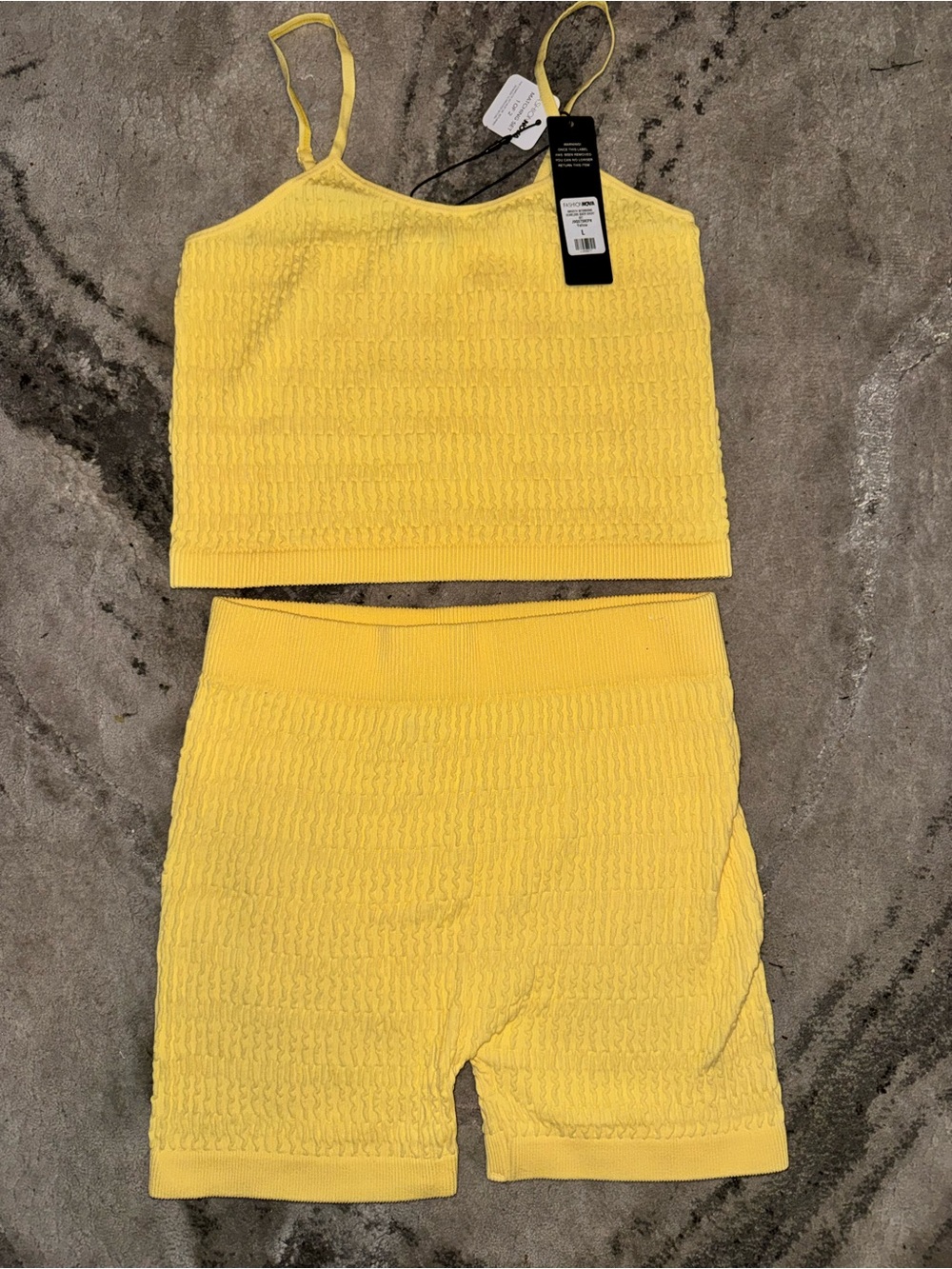 Fashion Nova Bright Yellow Knit Crop Tank & Bike Shorts Set